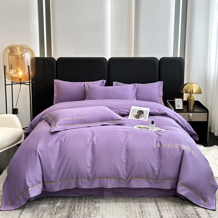 91家纺网 家纺一手货源 找家纺 宇彬家纺 2025新款直播热款13374全棉母婴级压线一字绣宽边枕套被套纯色滚边麻绳四件套贡缎新疆长绒 梦系列-曲雅紫