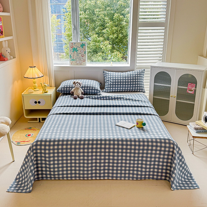 91家纺网 家纺一手货源 找家纺 晓时候 2025原棉老粗布床单凉席三件套软凉席子单床单 蓝小格