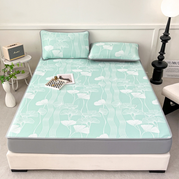 91家纺网 家纺一手货源 找家纺 子曰 2025新款高定版A类PE聚乙烯凉感凉席提花凉席床笠 银杏叶-绿【床笠款】