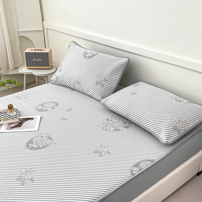 91家纺网 家纺一手货源 找家纺 子曰 2025新款高定版A类PE聚乙烯凉感凉席提花凉席床笠 玫瑰-灰【床笠款】