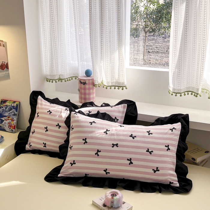 91家纺网 家纺一手货源 找家纺 2025水洗棉花边四件套_9067 蝴蝶结-条纹粉