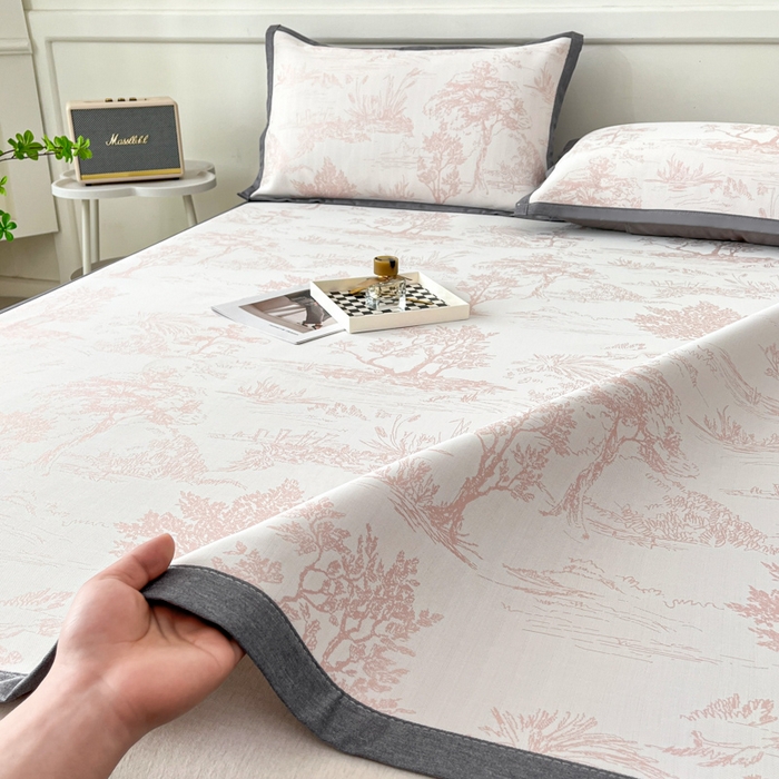 91家纺网 家纺一手货源 找家纺 子曰 2025新款高定版A类PE聚乙烯凉感凉席提花凉席床笠 秘境-粉【平铺款】