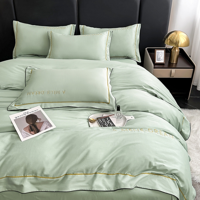 91家纺网 家纺一手货源 找家纺 宇彬家纺 2025新款直播热款13374全棉母婴级压线一字绣宽边枕套被套纯色滚边麻绳四件套贡缎新疆长绒 梦系列-炫彩绿