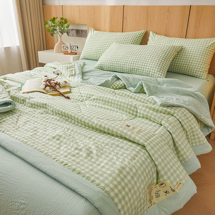 91家纺网 家纺一手货源 找家纺 创优家纺 2025新款无印风格子新疆棉夏被空调被纯棉花被夏被子薄被芯水洗棉包检测 绿小格