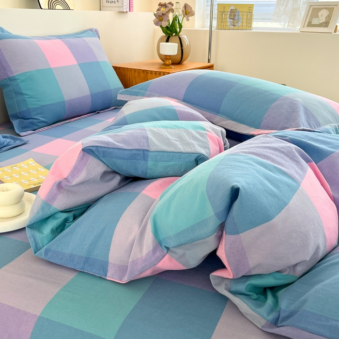 91家纺网 家纺一手货源 找家纺 金窝窝家纺 2025新款纯棉水洗棉四件套 大发格粉蓝