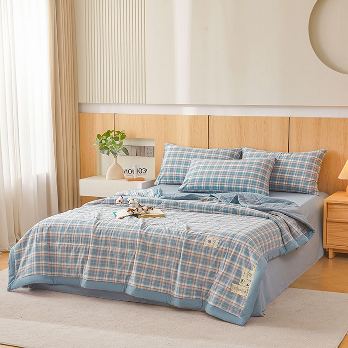 91家纺网 家纺一手货源 找家纺 创优家纺 2025新款无印风格子新疆棉夏被空调被纯棉花被夏被子薄被芯水洗棉包检测 印象蓝