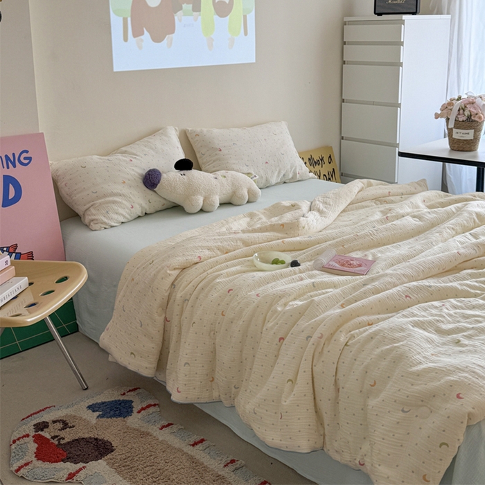 91家纺网 家纺一手货源 找家纺 萝莉家纺 2025新款软软糯糯双层皱皱纱单夏被 夏被四件套 星星月亮