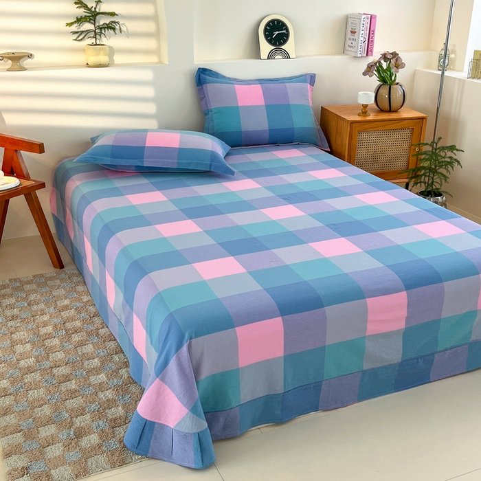 91家纺网 家纺一手货源 找家纺 金窝窝家纺 2025新款纯棉水洗棉四件套 大发格粉蓝