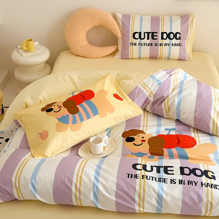 91家纺网 家纺一手货源 找家纺 2025新款全棉大版卡通数码印花纯棉四件套 可爱小狗（紫）