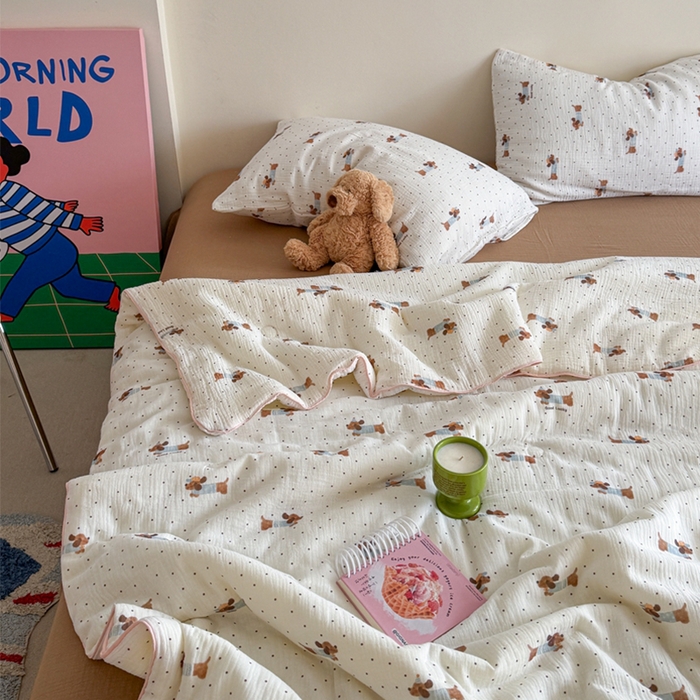 91家纺网 家纺一手货源 找家纺 萝莉家纺 2025新款软软糯糯双层皱皱纱单夏被 夏被四件套 波点狗