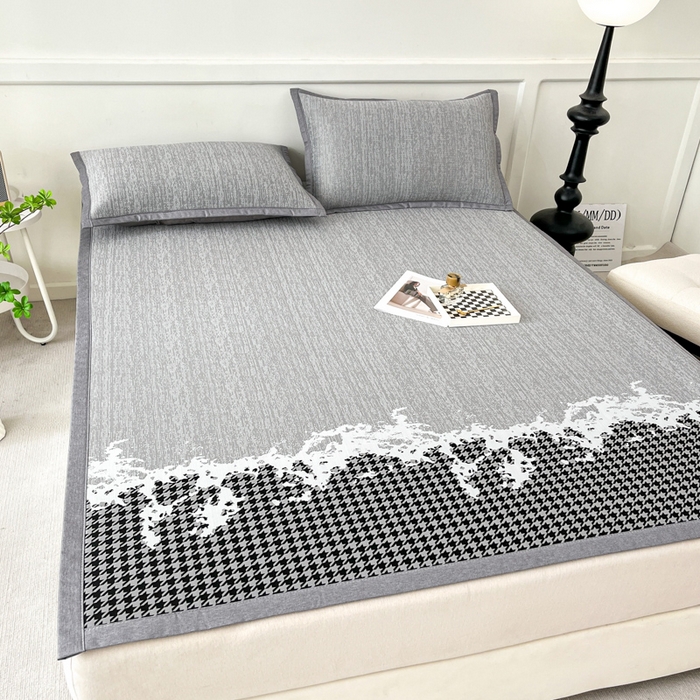 91家纺网 家纺一手货源 找家纺 子曰 2025新款高定版A类PE聚乙烯凉感凉席提花凉席床笠 千鸟格-灰【平铺款】