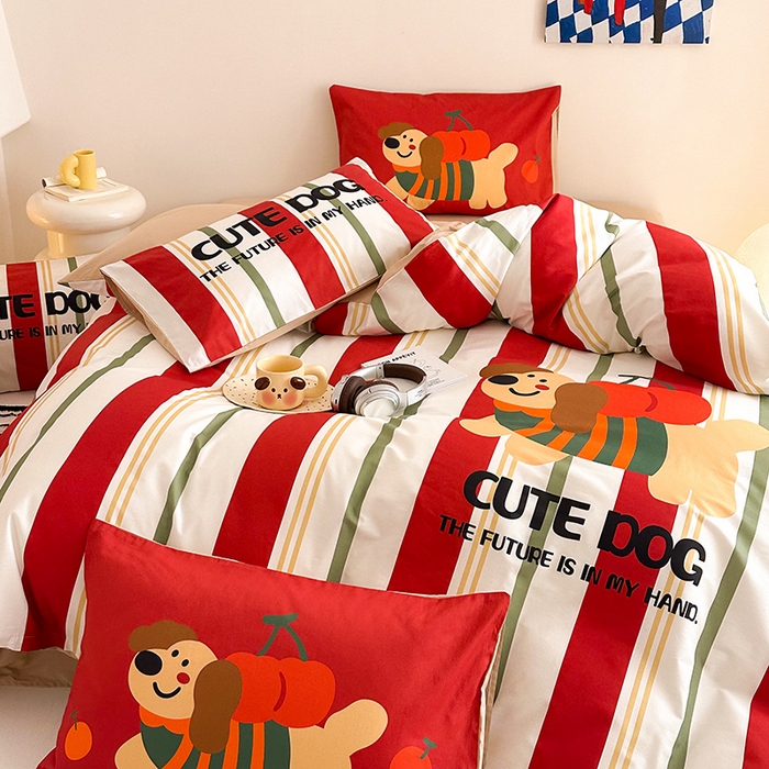 91家纺网 家纺一手货源 找家纺 2025新款全棉大版卡通数码印花纯棉四件套 可爱小狗（红）