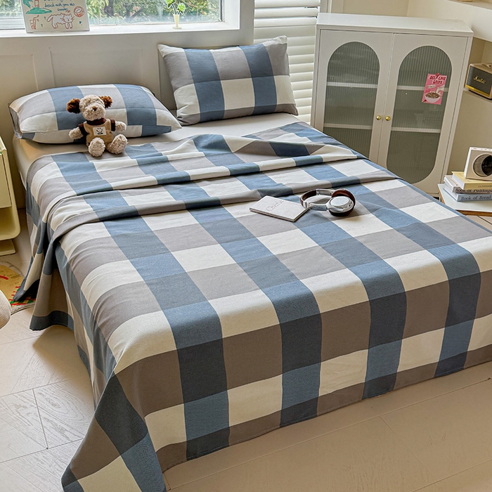 91家纺网 家纺一手货源 找家纺 晓时候 2025原棉老粗布床单凉席三件套软凉席子单床单 蓝咖格