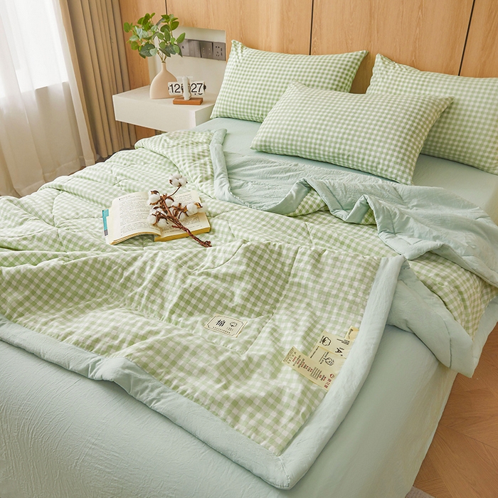 91家纺网 家纺一手货源 找家纺 创优家纺 2025新款无印风格子新疆棉夏被空调被纯棉花被夏被子薄被芯水洗棉包检测 绿小格