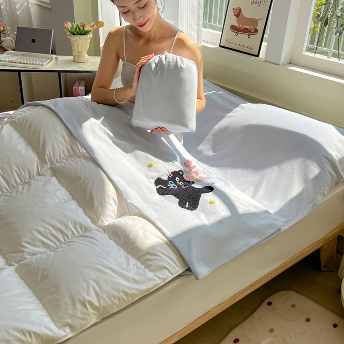 91家纺网 家纺一手货源 找家纺 柒星睡袋 2025新款款40支全棉纯色毛巾绣可拆分隔脏睡袋 黑猫 灰