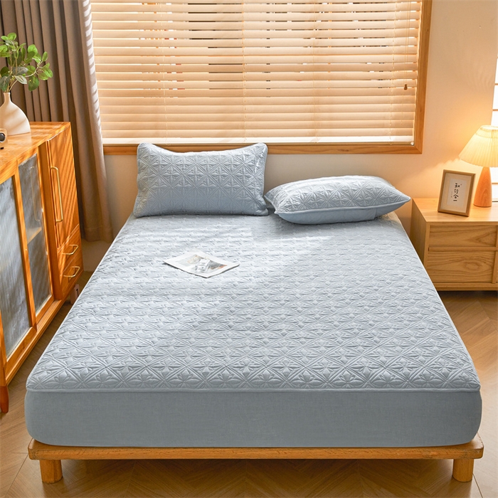 91家纺网 家纺一手货源 找家纺 3C 2025全棉蚕丝蛋白夹棉床笠 天星花-天空蓝