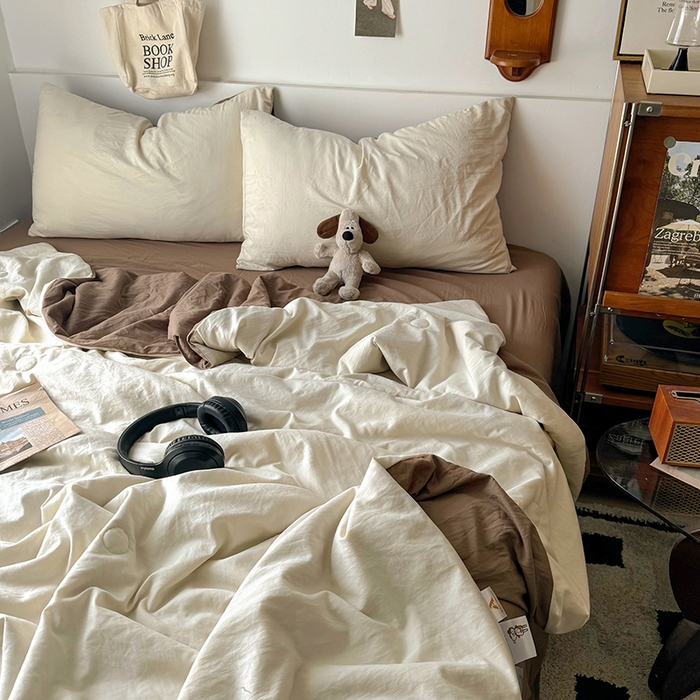 91家纺网 家纺一手货源 找家纺 耀达家居 2025新款水洗棉双拼夏被四件套 燕麦➕可可