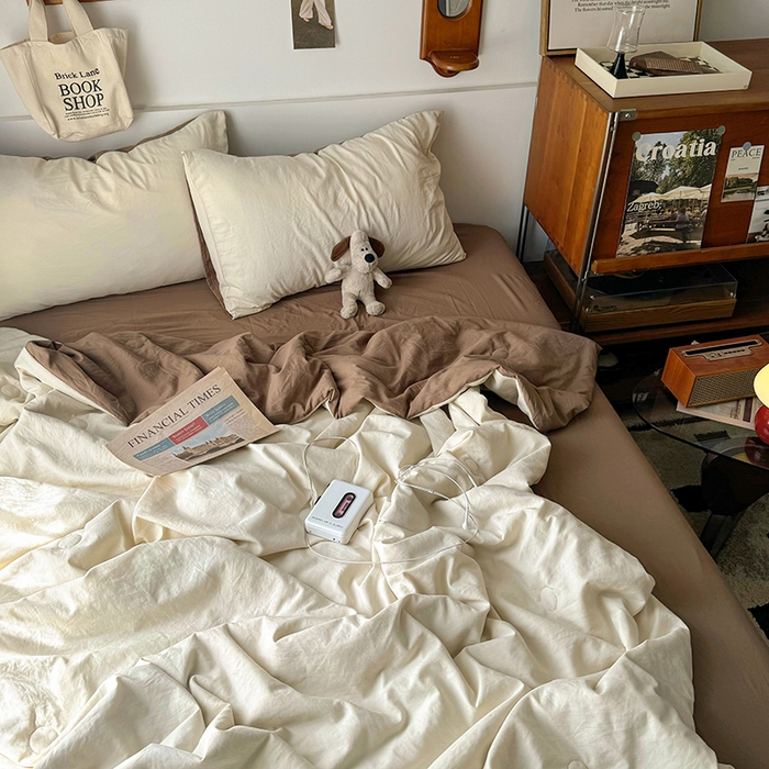 91家纺网 家纺一手货源 找家纺 耀达家居 2025新款水洗棉双拼夏被四件套 燕麦➕可可