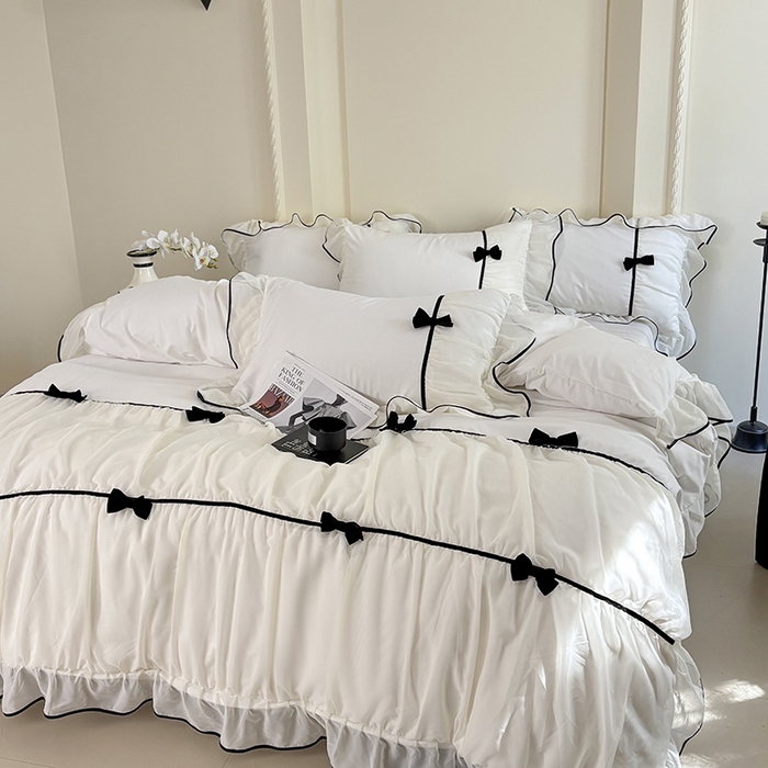 91家纺网 家纺一手货源 找家纺 梧桐家居 2025新款法式高定蝴蝶结赛琳娜雪纺花边四件套 赛琳娜-白