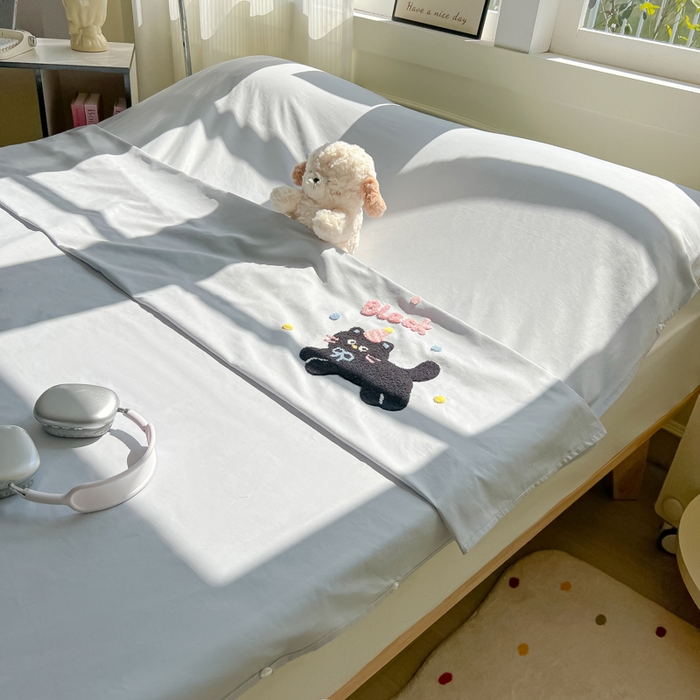 91家纺网 家纺一手货源 找家纺 柒星睡袋 2025新款款40支全棉纯色毛巾绣可拆分隔脏睡袋 黑猫 灰