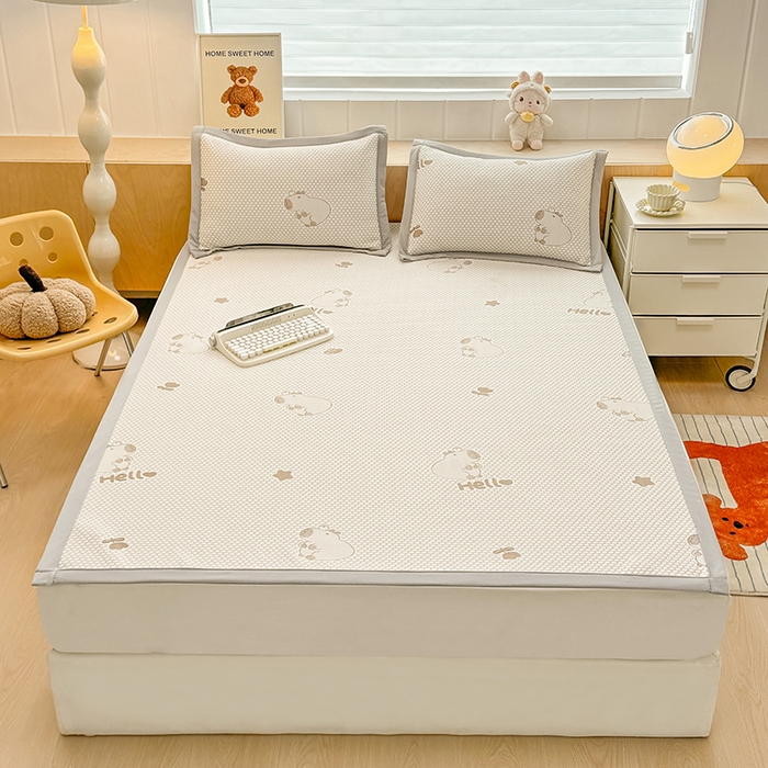 91家纺网 家纺一手货源 找家纺 绣女坊 2025新款冰豆豆提花凉席三件套 卡皮巴拉-卡其