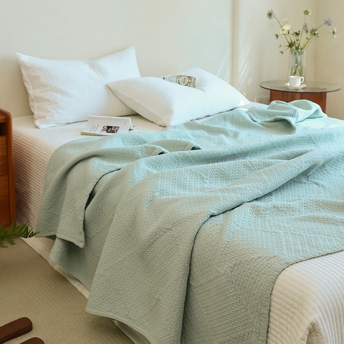 91家纺网 家纺一手货源 找家纺 雯雨家纺2025新款A类全棉加厚六层纱提花纯色盖毯 六层纱-浅绿