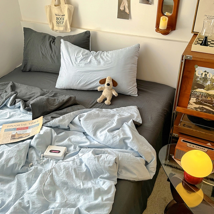 91家纺网 家纺一手货源 找家纺 耀达家居 2025新款水洗棉双拼夏被四件套 海盐蓝➕高级灰