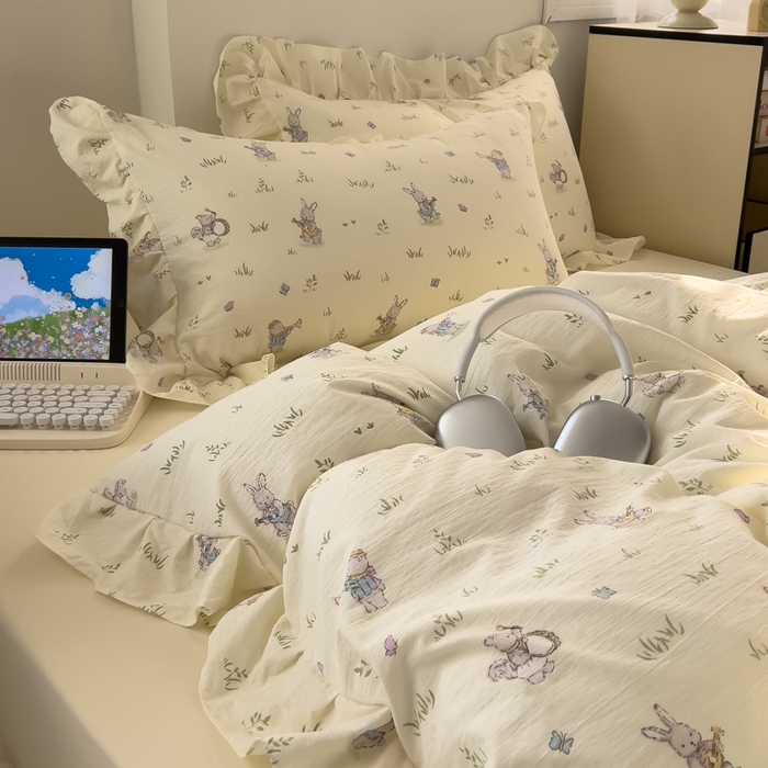 91家纺网 家纺一手货源 找家纺 希丞家居 2025新款云感提花双层纱花边四件套 音乐派对