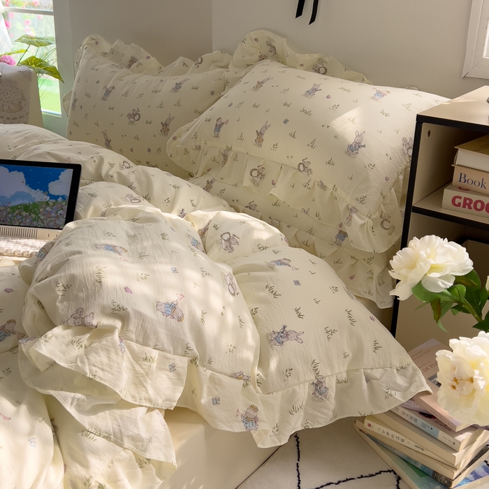 91家纺网 家纺一手货源 找家纺 希丞家居 2025新款云感提花双层纱花边四件套 音乐派对