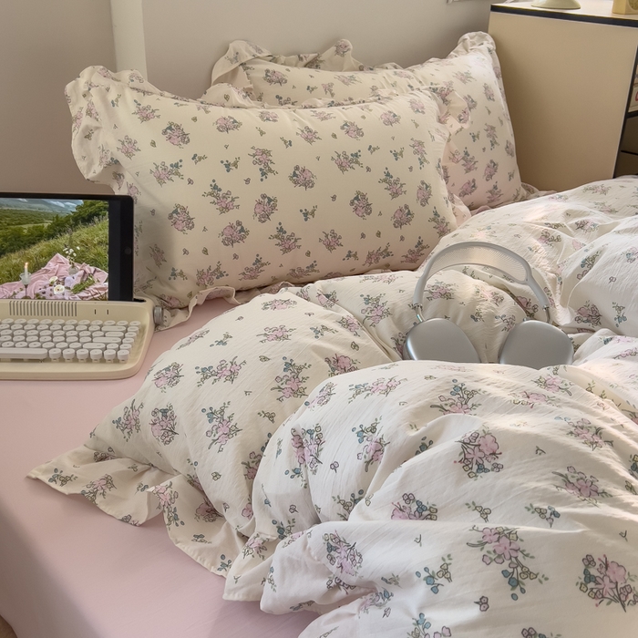 91家纺网 家纺一手货源 找家纺 希丞家居 2025新款云感提花双层纱花边四件套 梨梦