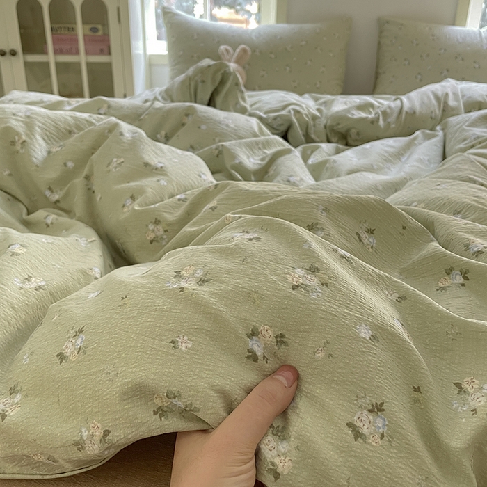 91家纺网 家纺一手货源 找家纺 初念 2025新款云感针织双层纱三件套-四件套【提供买家秀】 落日暮年-绿