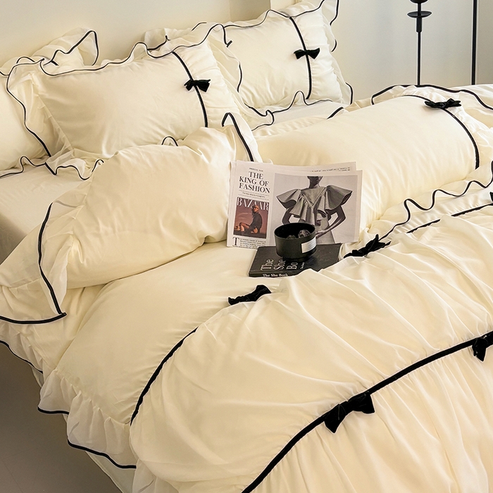 91家纺网 家纺一手货源 找家纺 梧桐家居 2025新款法式高定蝴蝶结赛琳娜雪纺花边四件套 赛琳娜-黄