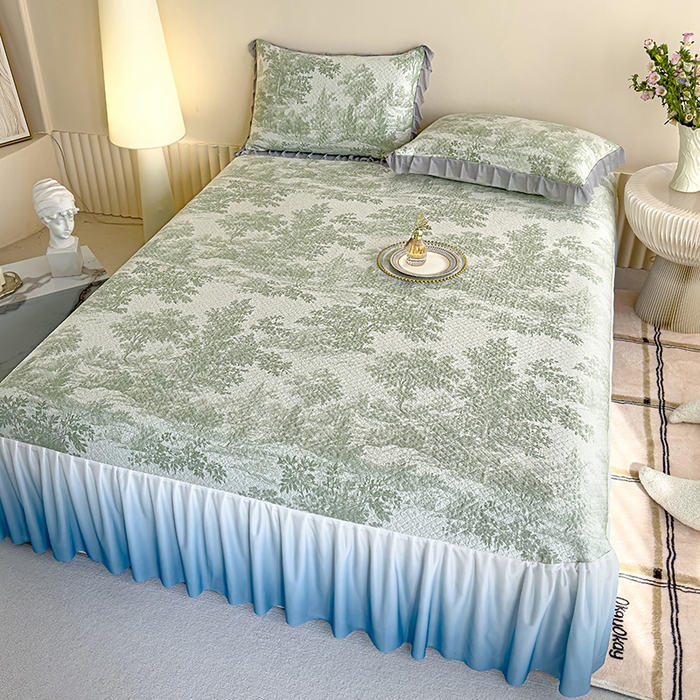 91家纺网 家纺一手货源 找家纺 冬然家纺 2025新款冰豆豆席子凉席床裙款 梦幻森林-绿