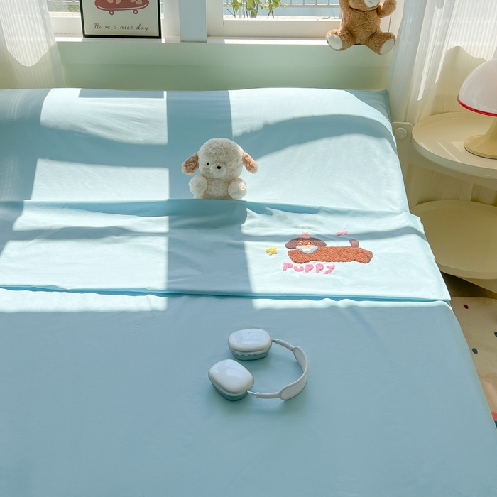 91家纺网 家纺一手货源 找家纺 柒星睡袋 2025新款款40支全棉纯色毛巾绣可拆分隔脏睡袋 帕皮狗 蓝