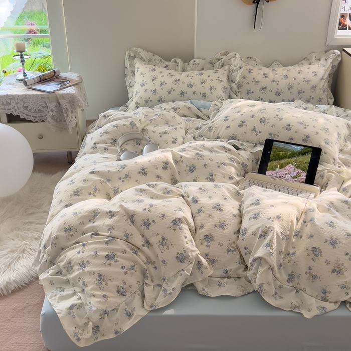 91家纺网 家纺一手货源 找家纺 希丞家居 2025新款云感提花双层纱花边四件套 微醺