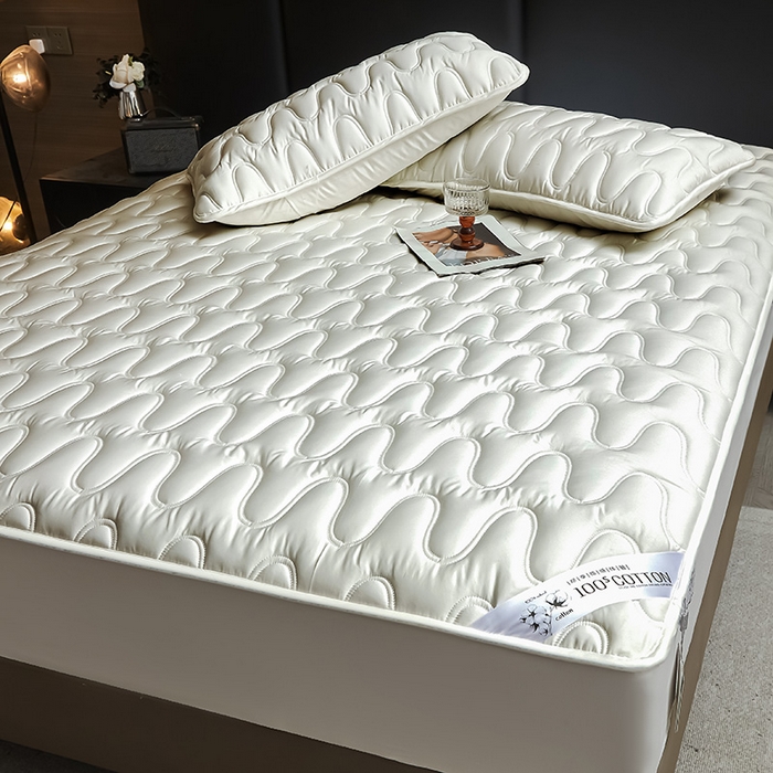 91家纺网 家纺一手货源 找家纺 3C 2025新款100支全棉抗菌夹棉床笠 韵律 白