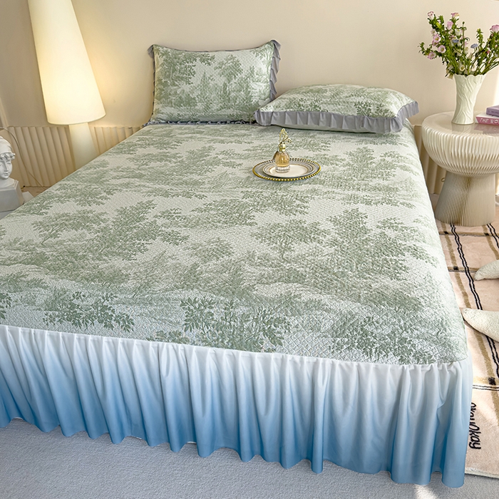 91家纺网 家纺一手货源 找家纺 冬然家纺 2025新款冰豆豆席子凉席床裙款 梦幻森林-绿