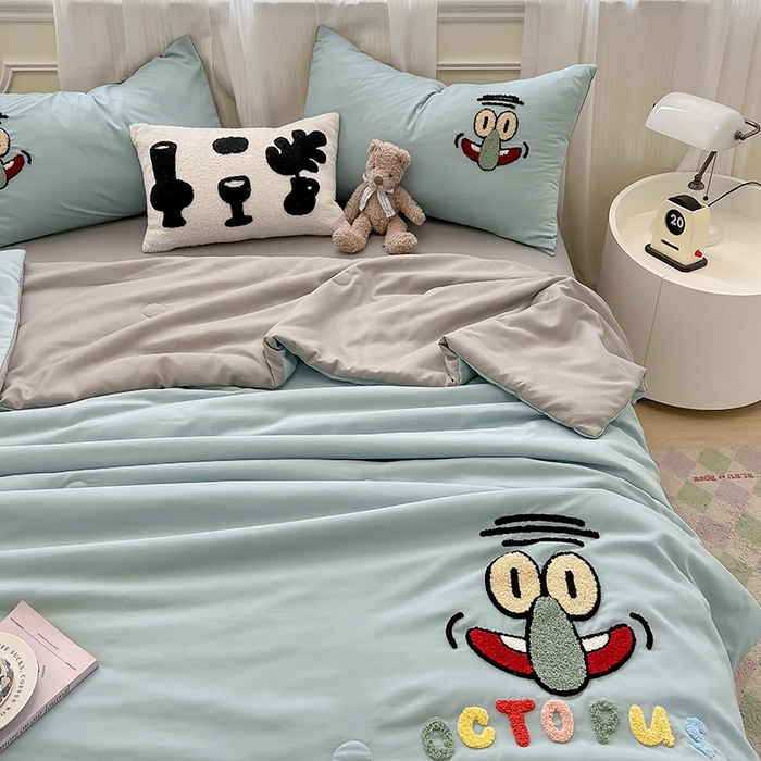 91家纺网 家纺一手货源 找家纺 眠帛家居 2025新款A类水洗皱皱纱毛巾绣夏被四件套 章鱼哥