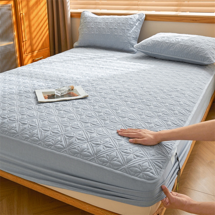 91家纺网 家纺一手货源 找家纺 3C 2025全棉蚕丝蛋白夹棉床笠 天星花-天空蓝