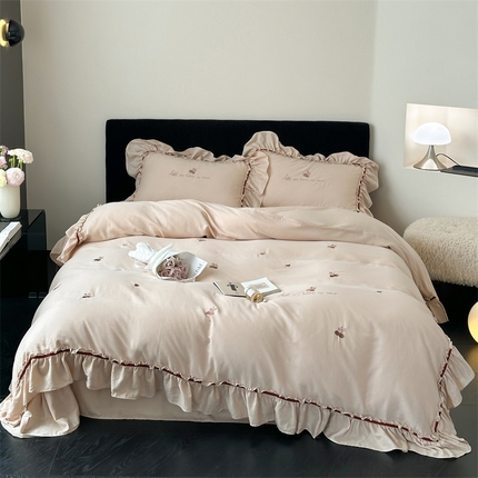 91家纺网 家纺一手货源 找家纺 （总）名品优仓 2025新款纯棉水洗棉双层纱提花韩版花边四件套-颜可