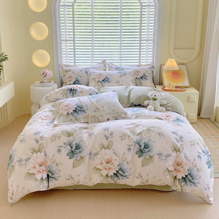 91家纺网 家纺一手货源 找家纺 星期三  2025年4月新款铂金全棉纯棉13372四件套 加微信有会员价 花几度-绿