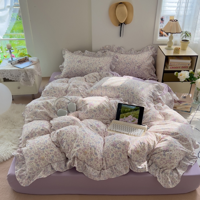 91家纺网 家纺一手货源 找家纺 希丞家居 2025新款云感提花双层纱花边四件套 花海