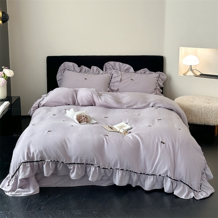 91家纺网 家纺一手货源 找家纺 （总）名品优仓 2025新款纯棉水洗棉双层纱提花韩版花边四件套-颜可