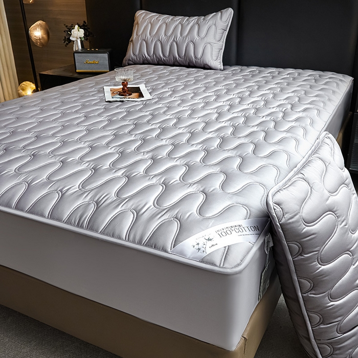 91家纺网 家纺一手货源 找家纺 3C 2025新款100支全棉抗菌夹棉床笠 韵律 灰