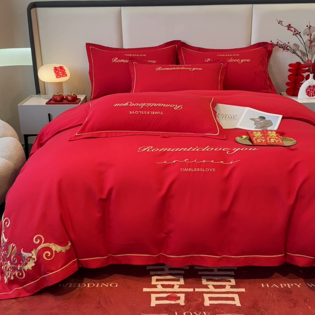 91家纺网 家纺一手货源 找家纺 花愿（原花纪） 水洗棉刺绣婚庆四件套 禧悦