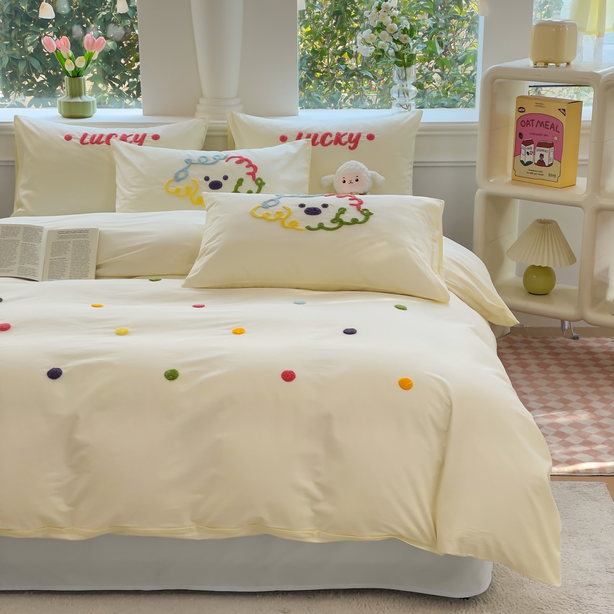 91家纺网 家纺一手货源 找家纺 锦觅家纺  2025新款奶油小清新毛巾绣全棉纯棉四件套-风格一（专版散花必须控价） 彩虹波点