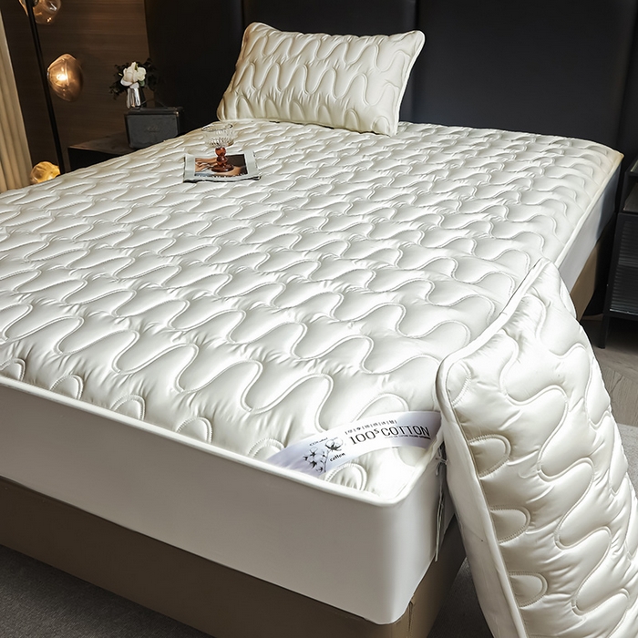 91家纺网 家纺一手货源 找家纺 3C 2025新款100支全棉抗菌夹棉床笠 韵律 白