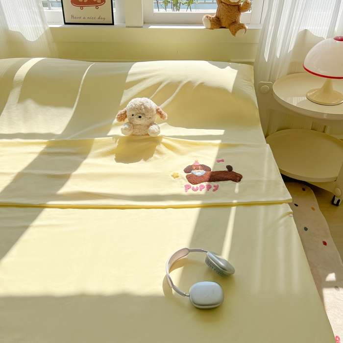 91家纺网 家纺一手货源 找家纺 柒星睡袋 2025新款款40支全棉纯色毛巾绣可拆分隔脏睡袋 帕皮狗 月光黄