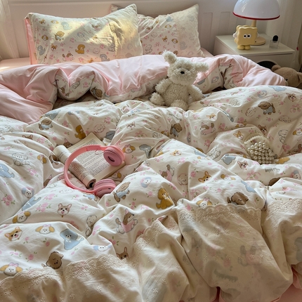 91家纺网 家纺一手货源 找家纺 韩都家居  2025春夏新款蕾丝花边云感双层纱四件套 童趣