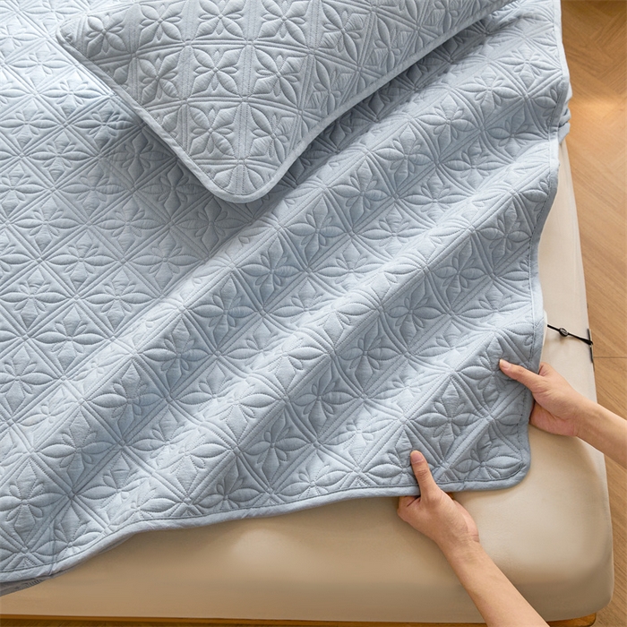 91家纺网 家纺一手货源 找家纺 3C 2025全棉蚕丝蛋白夹棉床笠 天星花-天空蓝